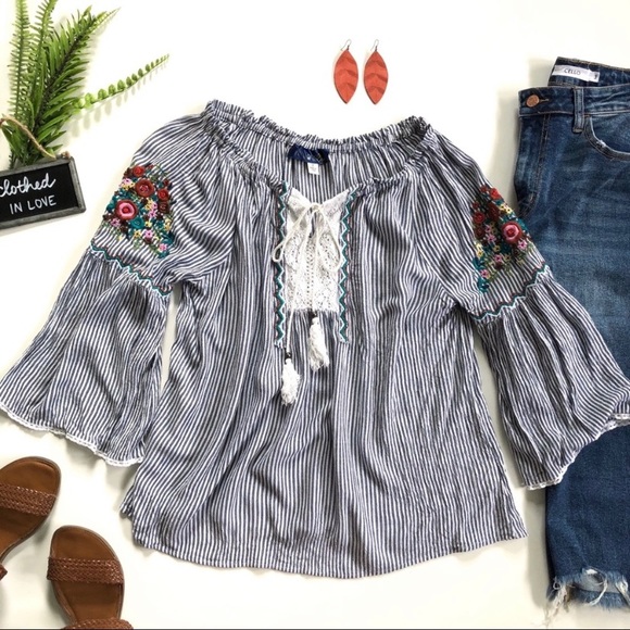 Francesca’s Blue & White Striped Embroidered Off The Shoulder Top - Picture 9 of 9